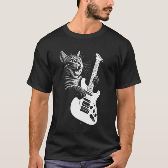 Rockstjärna Katt med Elgitarr T Shirt (Framsida)