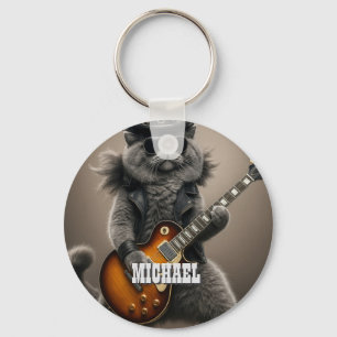 Rockstjärna Katt Spelar Elgitarr i Läder Nyckelring