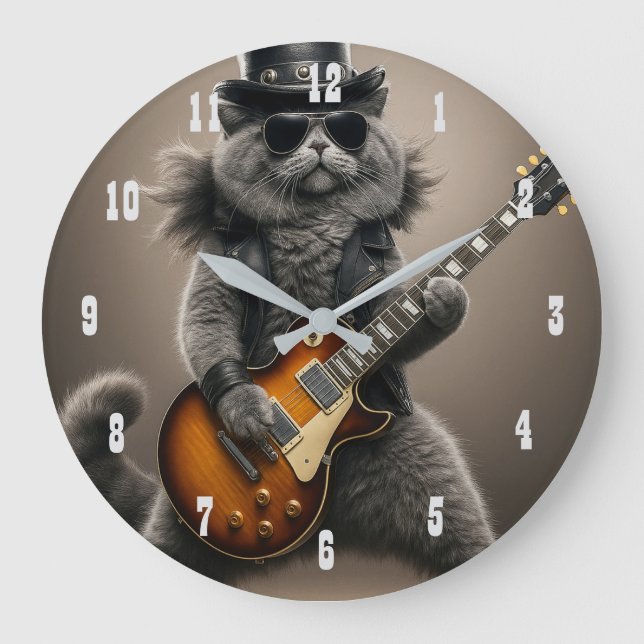 Rockstjärna Katt spelar elgitarr i läder    Stor Klocka (Framsida)