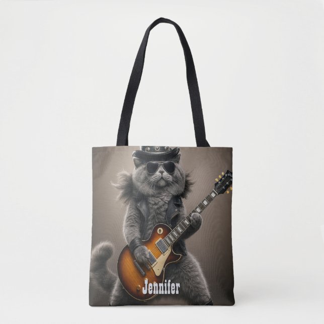 Rockstjärna Katt Spelar Elgitarr i Läder    Tygkasse (Framsida)