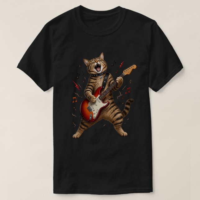 Rockstjärna Katt Spelar Elgitarr T Shirt (Design framsida)