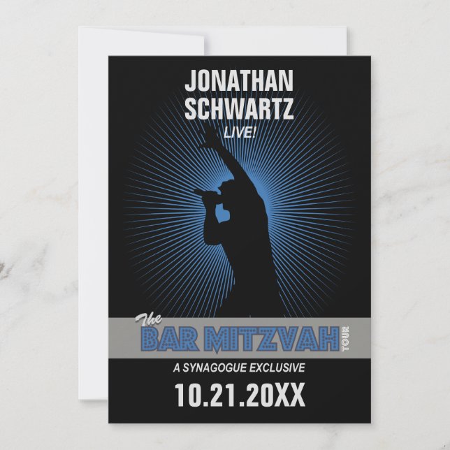 Rockstjärna Pub Mitzvah i Black Silver Blue Inbjudningar (Framsida)