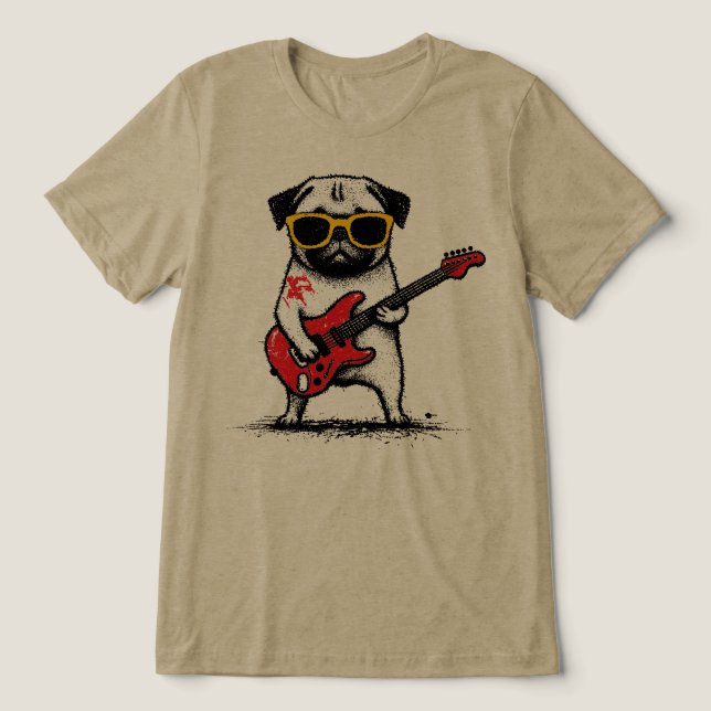 Rockstjärna Pug Hund Spelar Elgitarr T Shirt (Design Framsida)
