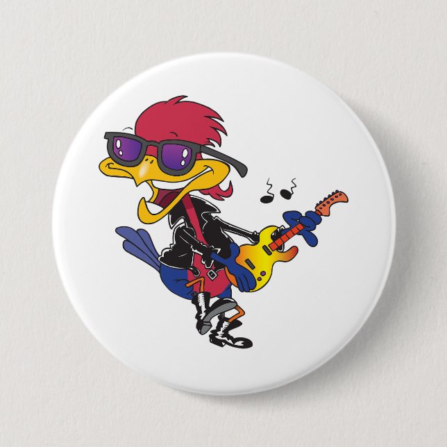 Rockstjärna Roadrunner Fågel som Spelar Gitarr Knapp (Framsida)