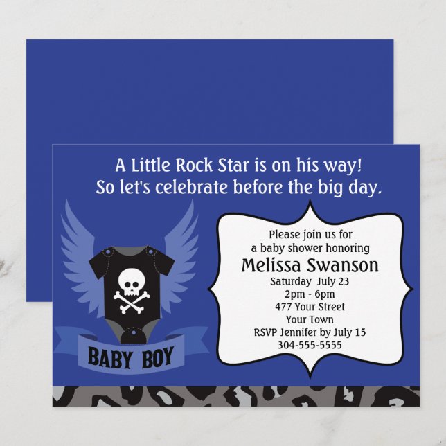 Rockstjärnaskallebaby shower inbjudningar (Fram/baksida)