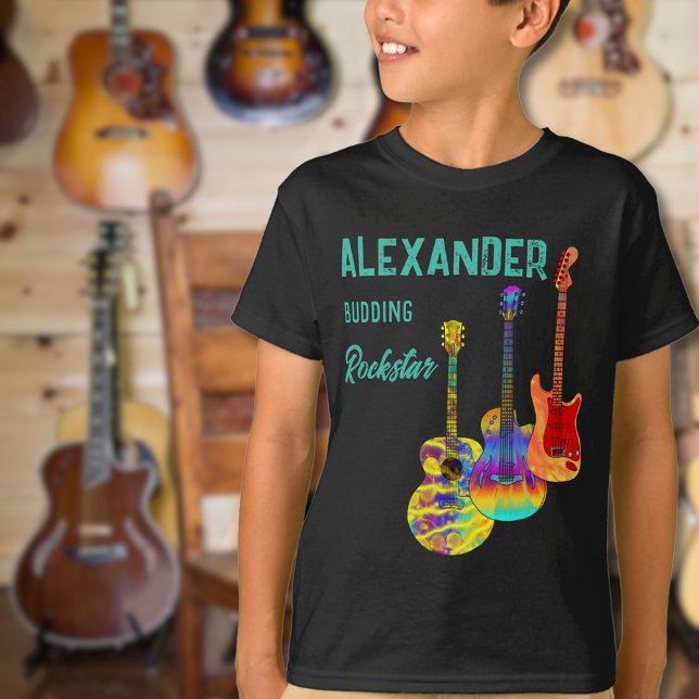 rockstjärtsguitarist, färgguitarer t shirt (Colorful guitar custome name budding rockstar tshirt for guitarists musicians and music lovers)