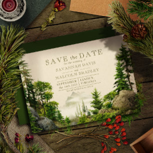 Rocky Forest Mountains Rustic Bröllop Spara Datumet