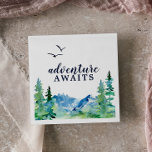 Rocky Mountain Adventure Awaits Baby Shower Pappersservett<br><div class="desc">These rocky mountain adventure awaits baby shower napkins are perfect for an outdoor event. The design features a blue and green painted wilderness landscape with watercolor pine trees,  birds and mountains.</div>