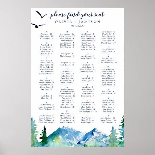 Rocky Mountain Alfabetical Seating Chart Poster (Framsidan)