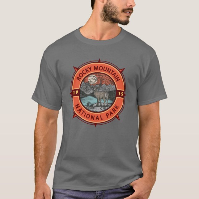Rocky Mountain National Park Elk Retro Compass T Shirt (Framsida)
