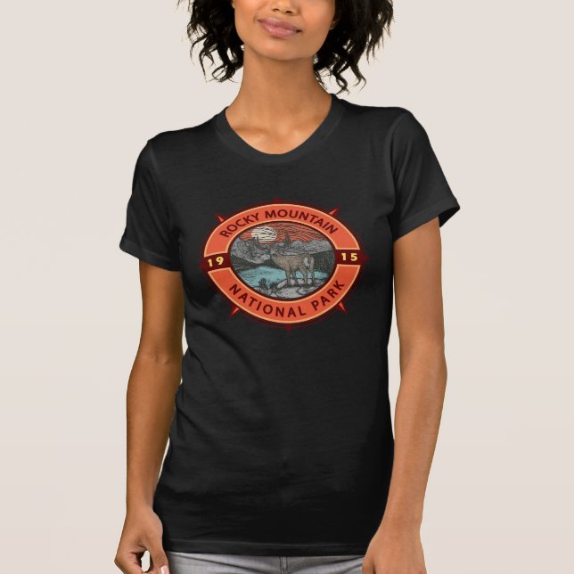 Rocky Mountain National Park Elk Retro Compass T Shirt (Framsida)