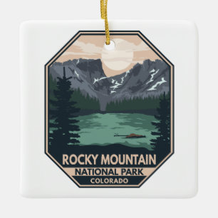 Rocky Mountain National Park Minimal Retro Emblem Julgransprydnad Keramik