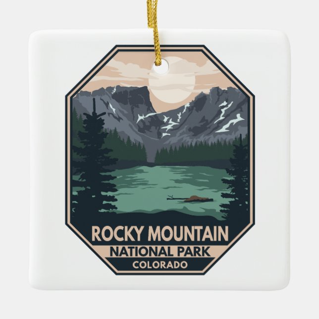 Rocky Mountain National Park Minimal Retro Emblem Julgransprydnad Keramik (Framsida)