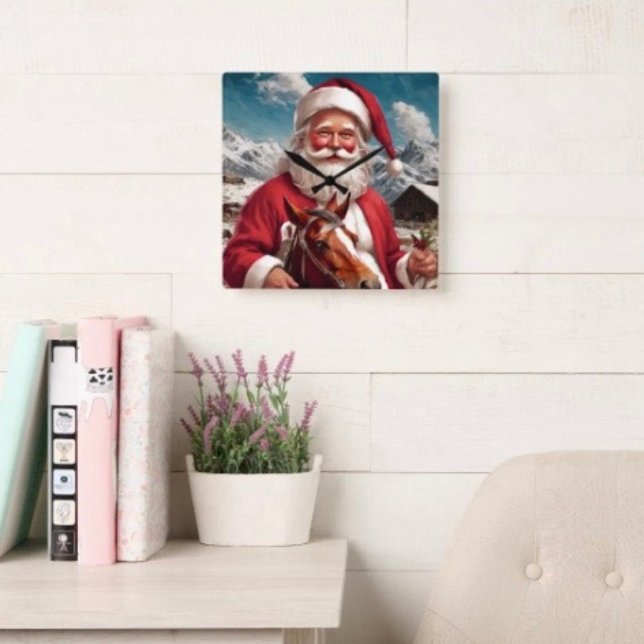 Rocky Mountain Santa och hans häst Fyrkantig Klocka (Wall Clock backside hanging slot  non-ticking design. 2 sizes: 8" diameter or 10.75" diameter.)