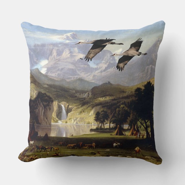 Rocky Mtns Hjort Sjö Waterfall Crane Birds Pillow Kudde (Framsida)