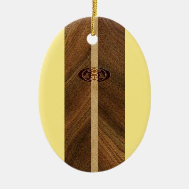 Rocky Point Hawaiian Faux Wood Surfboard Julgransprydnad Keramik (Framsidan)