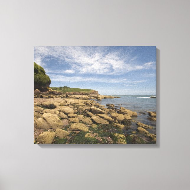 Rocky Seaside with Motorboat Traveling Canvastryck (Framsida)