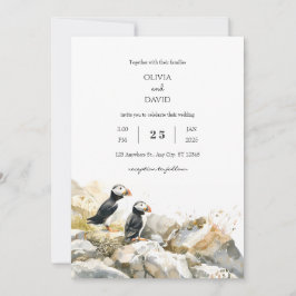 Rocky Shoreline med Puffins Couple Beach Wedding Inbjudningar