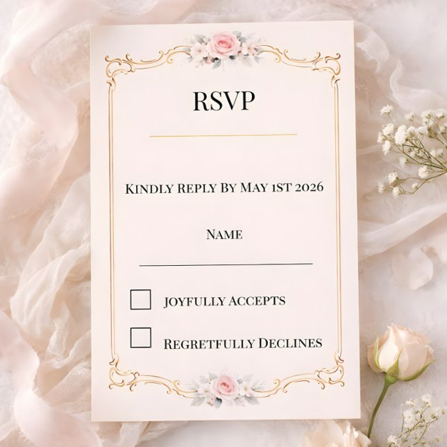Rococco Rodnad (Rococco style luxury blush pink with gold ornate floral design RSVP card)