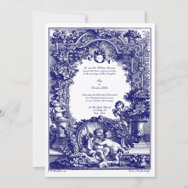 Rococo 1771 Altare med blomsterkransar & keruber Inbjudningar (Framsida)