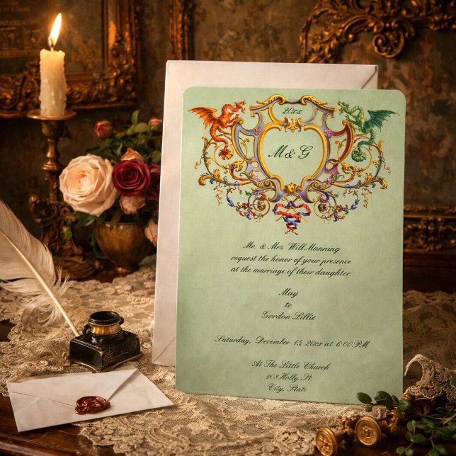 Rococo 1793 vapen med medeltida drakar monogram  inbjudningar (Skapare uppladdad)