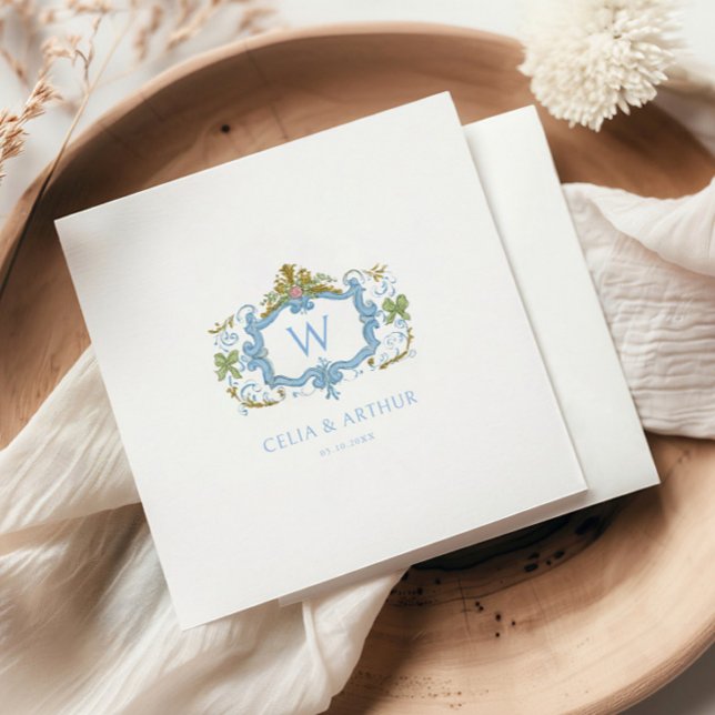 Rococo Blå Monogram Tecken Bröllop  Pappersservett (Skapare uppladdad)