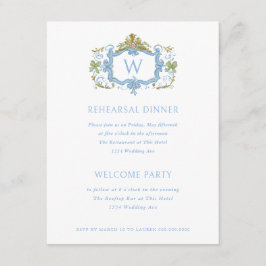 Rococo Blue Monogram Crest Rehearsal Dinner Inbjudningar