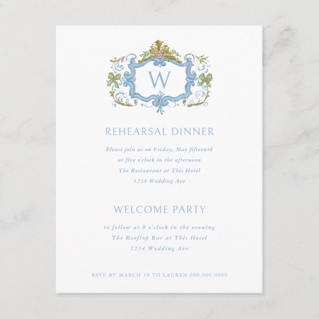 Rococo Blue Monogram Crest Rehearsal Dinner Inbjudningar (Framsida)