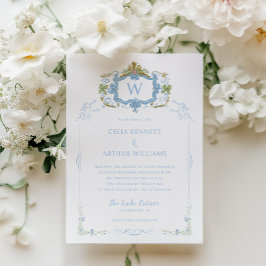 Rococo Blue Monogram Crest Wedding Inbjudningar