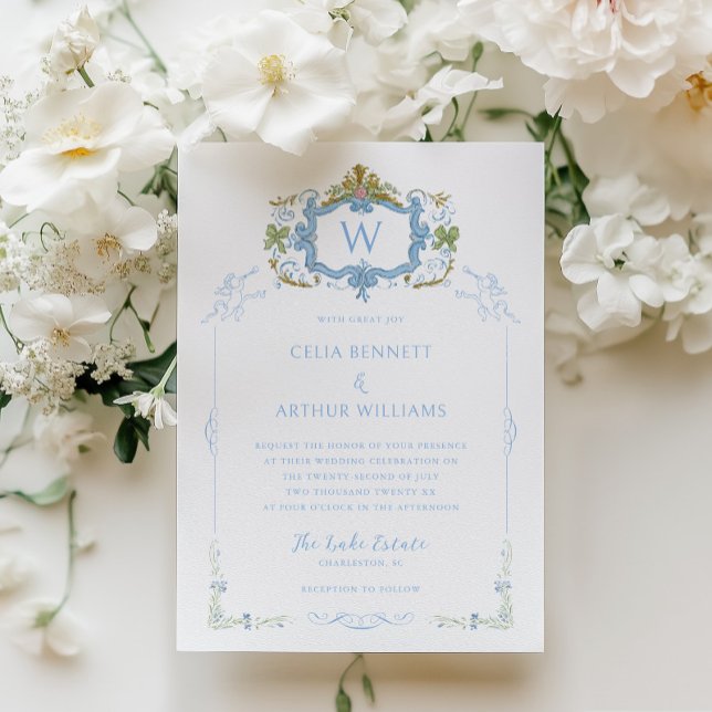Rococo Blue Monogram Crest Wedding Inbjudningar (Skapare uppladdad)