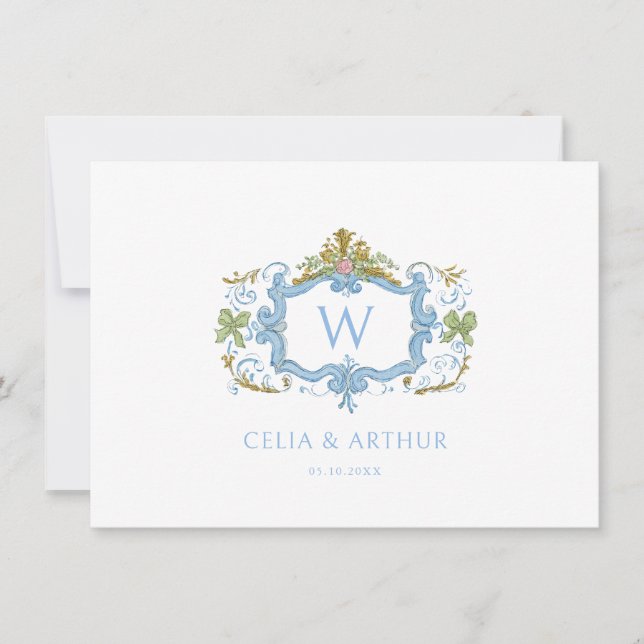 Rococo Blue Monogram Crest Wedding  Tack Kort (Framsida)