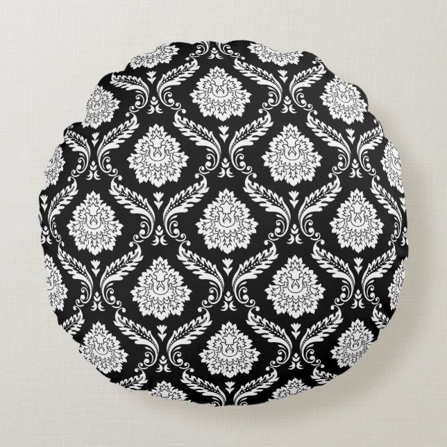 Rococo Damask 2Vägs Mönster Svart+Vit Rund Kudde (Framsidan)