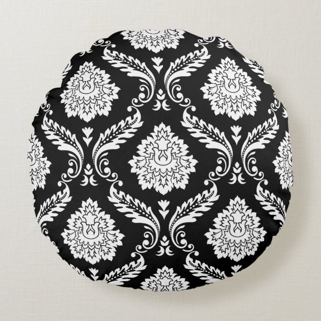 Rococo Damask 2Way Stort Mönster SV Rund Kudde (Framsidan)