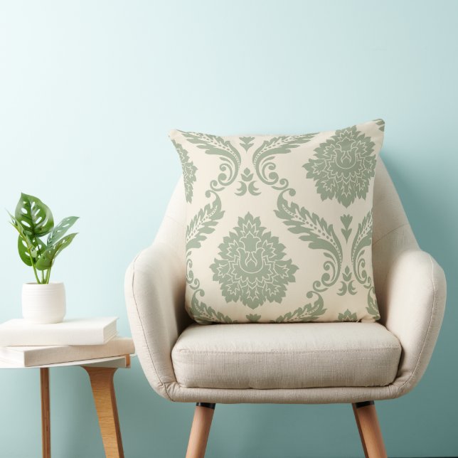 Rococo Damask Art I 2-vägs kräm och grön Kudde (Stol)