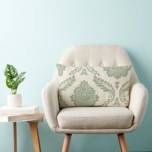 Rococo Damask Art I 2-vägs kräm och grön Lumbarkudde