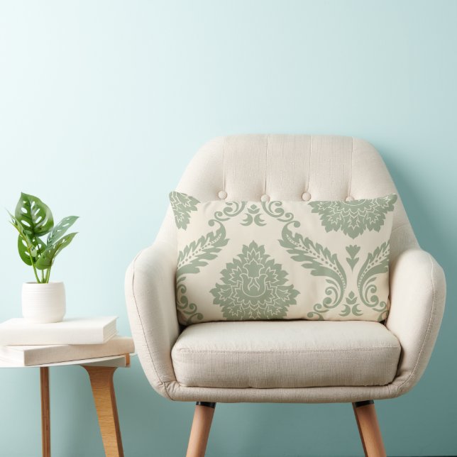 Rococo Damask Art I 2-vägs kräm och grön Lumbarkudde (Stol)