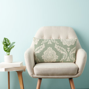 Rococo Damask Art I Kräm på Grön Lumbarkudde