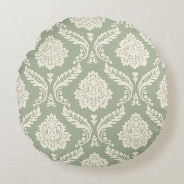 Rococo Damask Big Pattern Cream on Green Rund Kudde (Framsidan)