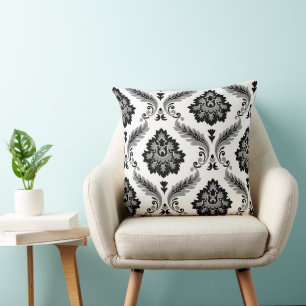 Rococo Damask Förskjutet Mönster Grått Svart Vitt Kudde