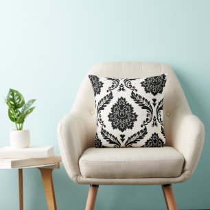 Rococo Damask Förskjutet Mönster Svart på Vitt Kudde