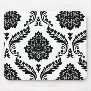Rococo Damask Förskjutet Mönster Svart på Vitt Musmatta