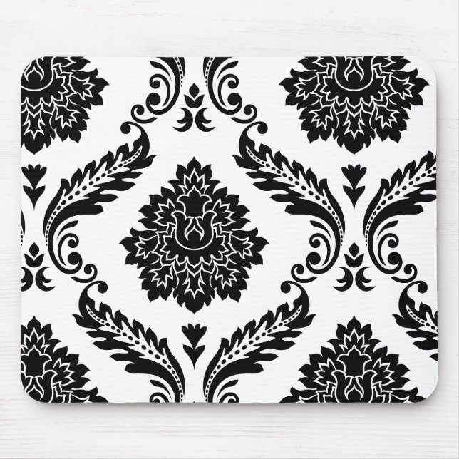 Rococo Damask Förskjutet Mönster Svart på Vitt Musmatta (Framsidan)