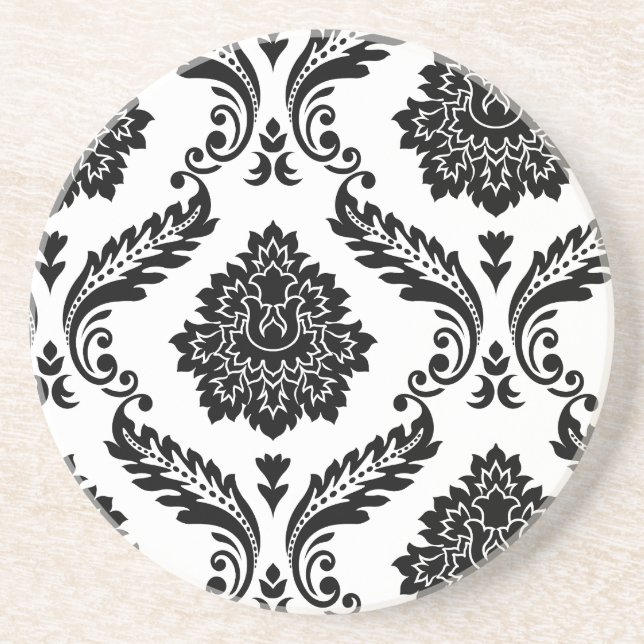 Rococo Damask Förskjutet Mönster Svart på Vitt Underlägg (Framsidan)