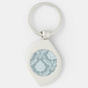 Rococo Damask Konst I Andeggblå+Turkos Swirl Silverfärgad Nyckelring