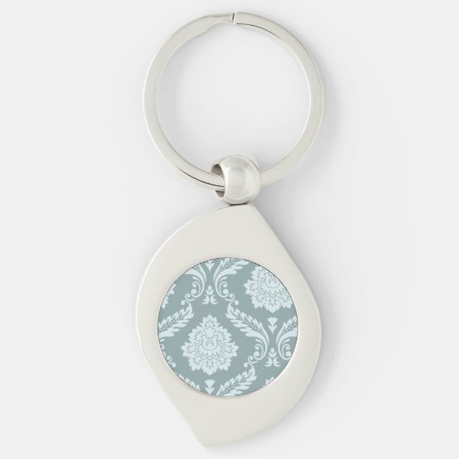 Rococo Damask Konst I Andeggblå+Turkos Swirl Silverfärgad Nyckelring (Framsidan)