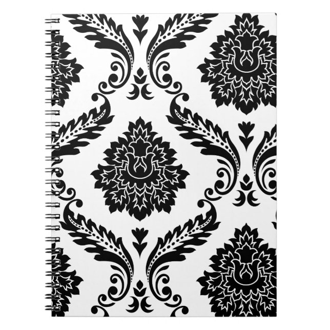 Rococo Damask Lg Off-Set Pattern Black on White Anteckningsbok (Framsidan)