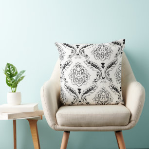 Rococo Damask Line Off-Set Mönster Svart på Vitt Kudde