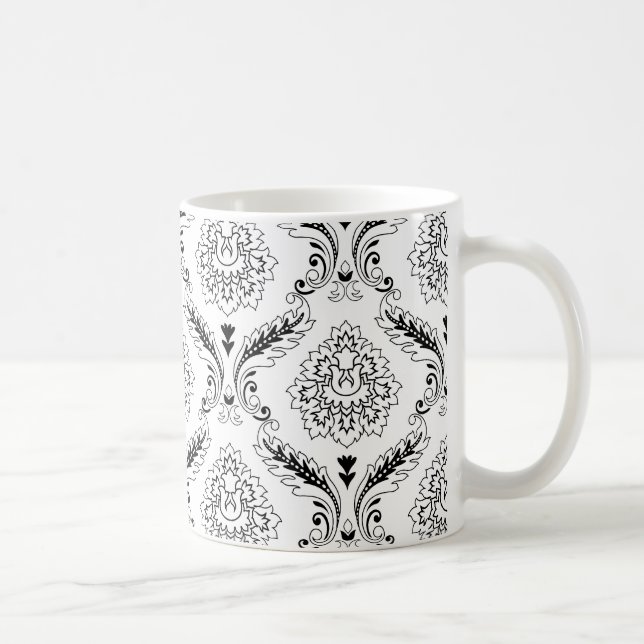 Rococo Damask Line Pattern Black on White Kaffemugg (Höger)