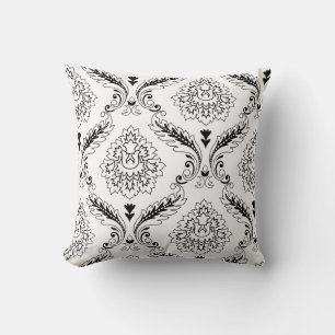 Rococo Damask Linje Förskjuten Mönster Svart på Vi Kudde