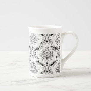 Rococo Damask Linjemönster Svart på Vitt Benporslin Mugg